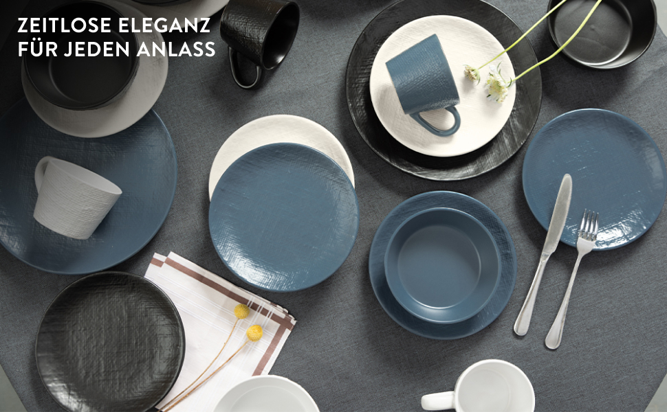 Набір посуду Navaris з каменю (16 предметів) для 4 осіб - тарілки, супові тарілки, чашки, сірий колір