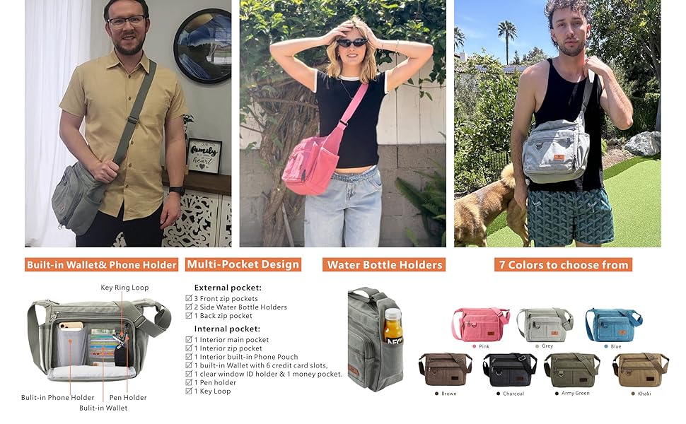 Чорна сумка-перехресна W&G Traveler з RFID захистом, відділенням для ноутбука 13 дюймів, кишенями для телефону та документів, та тримачем для пляшки води