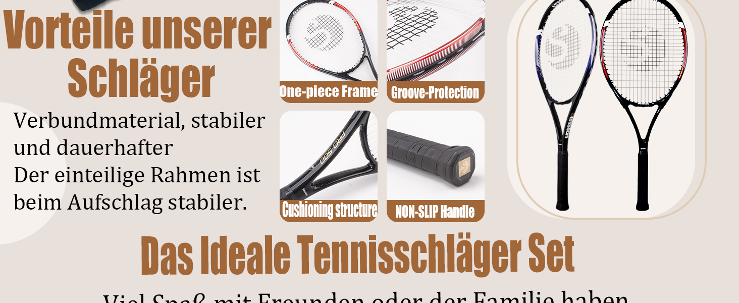 Black+Black Adult Tennis Racket Set - 2 Rackets, 3 Balls, 2 Grips, Vibration Dampeners
