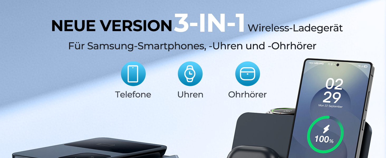 Бездротова зарядка EGV 3-в-1 для Samsung Galaxy S25 Ultra/S24/S23, Z Fold/Flip 7/6, Buds, Watch Ultra/8/7, знімний адаптер, чорний