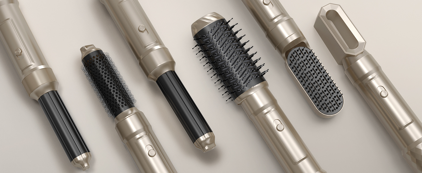 Фен-щітка 6 в 1 Airbrush Pro - професійний набір для укладки волосся | 1000W, круглі щітки, керлер, щітка для термоукладки, фен-щітка, фен, випрямляч | Для всіх типів волосся - блакитний (елегантне золото)