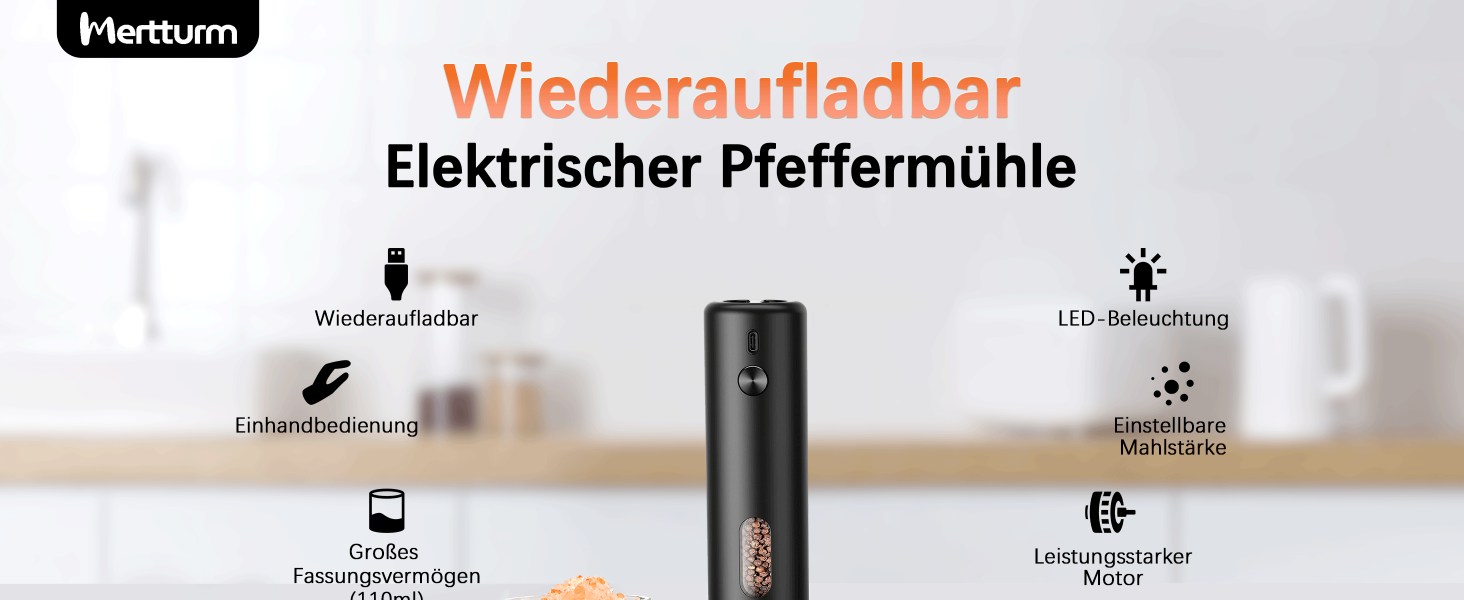 Електричні мельниці для солі та перцю MERTTURM (2 шт.) з підставкою, USB-зарядка, автоматичний дозатор, регулювання помелу, великий об'єм