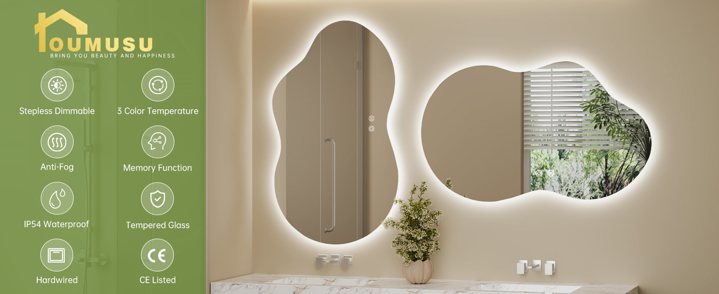 Дзеркало для ванної кімнати з підсвічуванням, без рами, 50x75 см, арочне, антизапар, сенсорний вимикач, регульована яскравість, 3 кольори світла