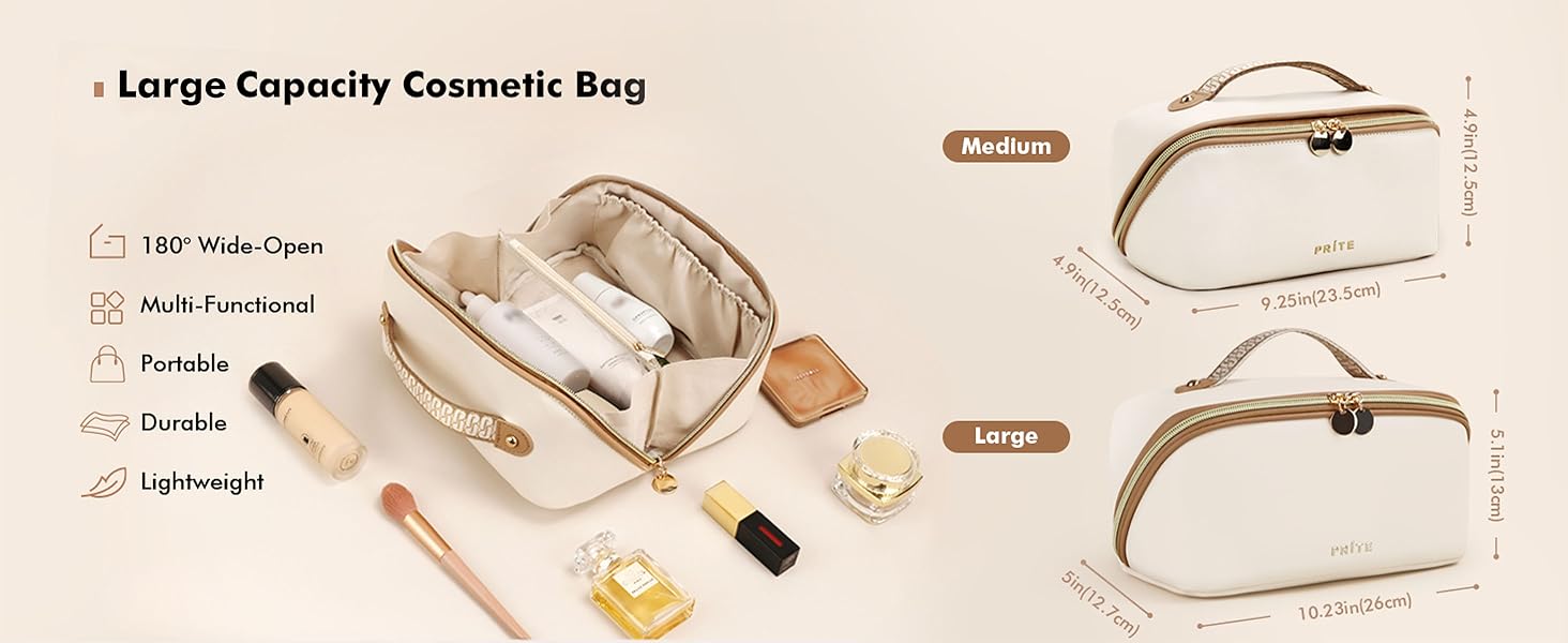 Косметичка велика містка для подорожей, водонепроникна з PU-шкіри, з прозорими перегородками та ручкою, бежева