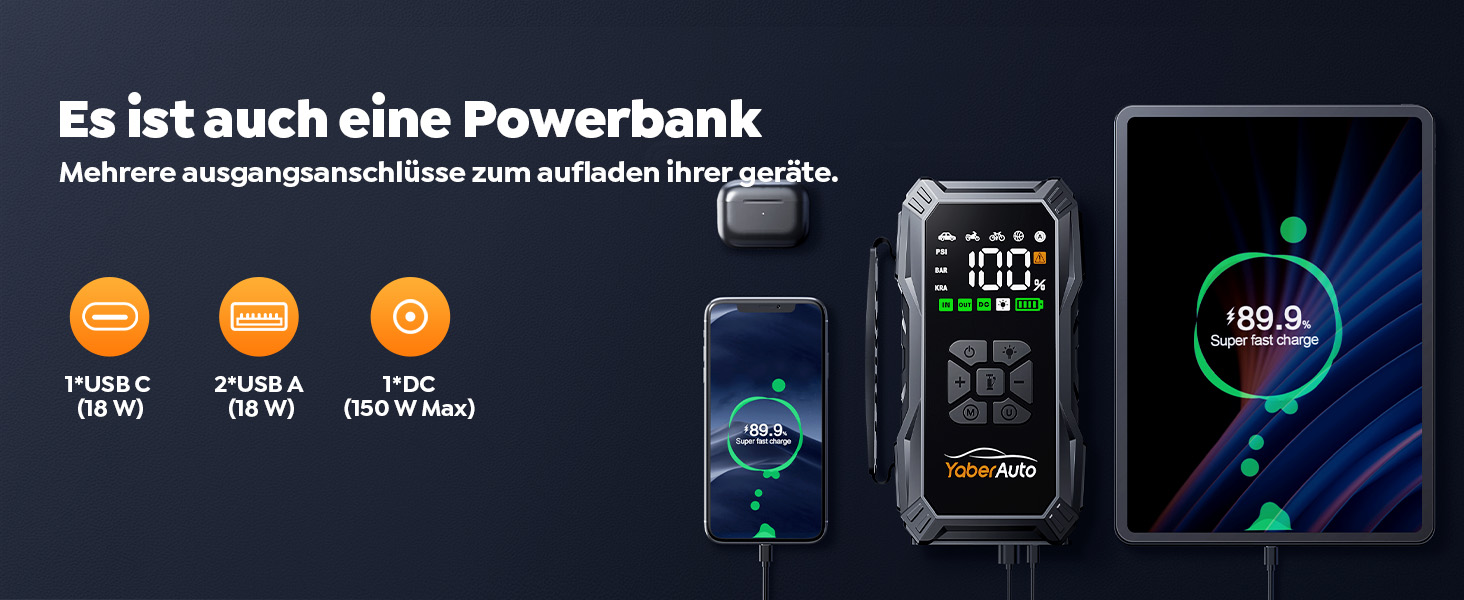 Powerbank для авто YaberAuto з компресором, 6000A, 23800mAh, 150PSI, Jump Starter (для бензинових та 10.0L дизельних двигунів), LCD дисплей, 500 люмен, аварійне світло