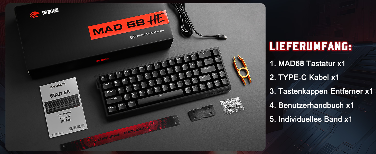 Механічна ігрова клавіатура YUNZII MADLIONS MAD68 з провідним підключенням, Hall Effect, PBT клавіші, RGB підсвічуванням, 8K polling rate (Black, Magnetic Amber Pro Switch)