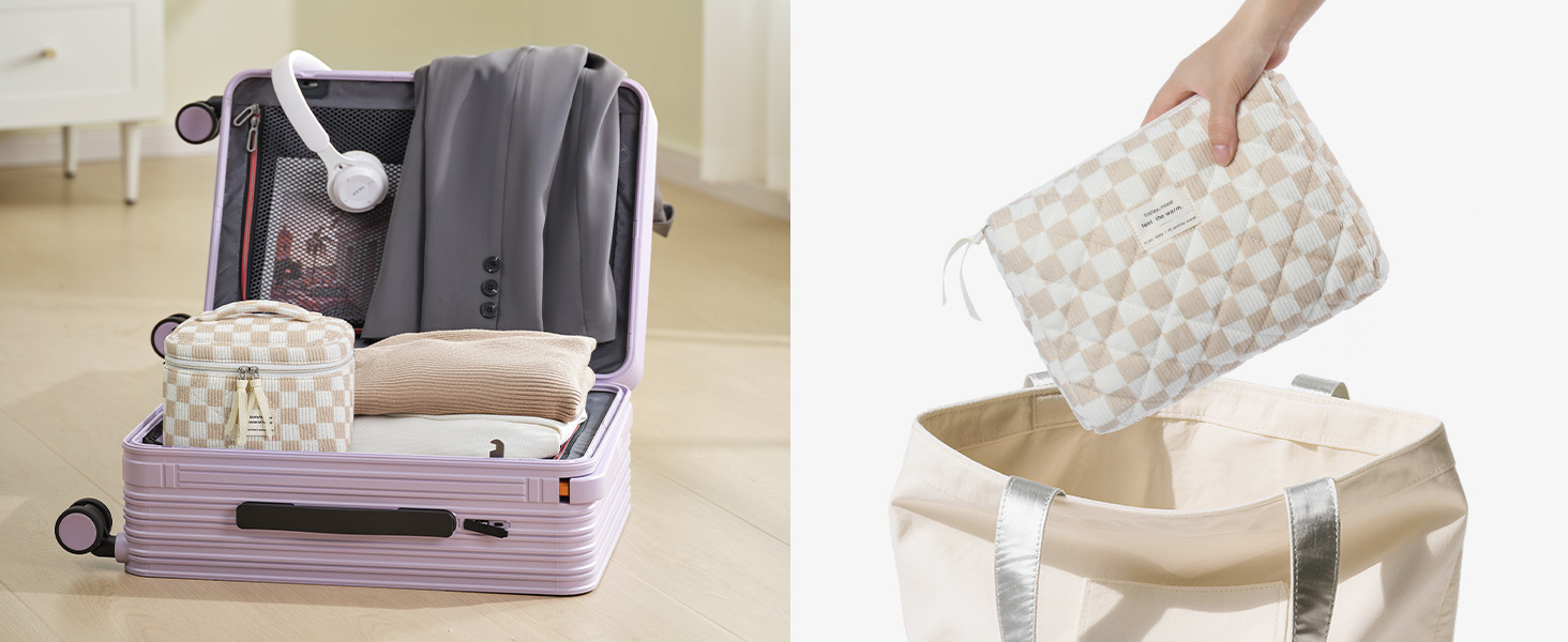 Набір косметичок 3 шт. з квітковим принтом, для подорожей та повсякденного використання | Косметичка для макіяжу для жінок та дівчат. Хакі в клітинку