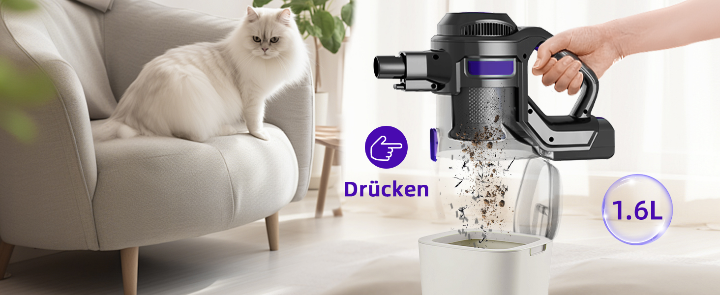 Бездротовий акумуляторний пилосос 40000Pa з 4 HEPA-фільтрами та контейнером 1.6L | 450W для твердих поверхонь, килимів та шерсті тварин (Lila)