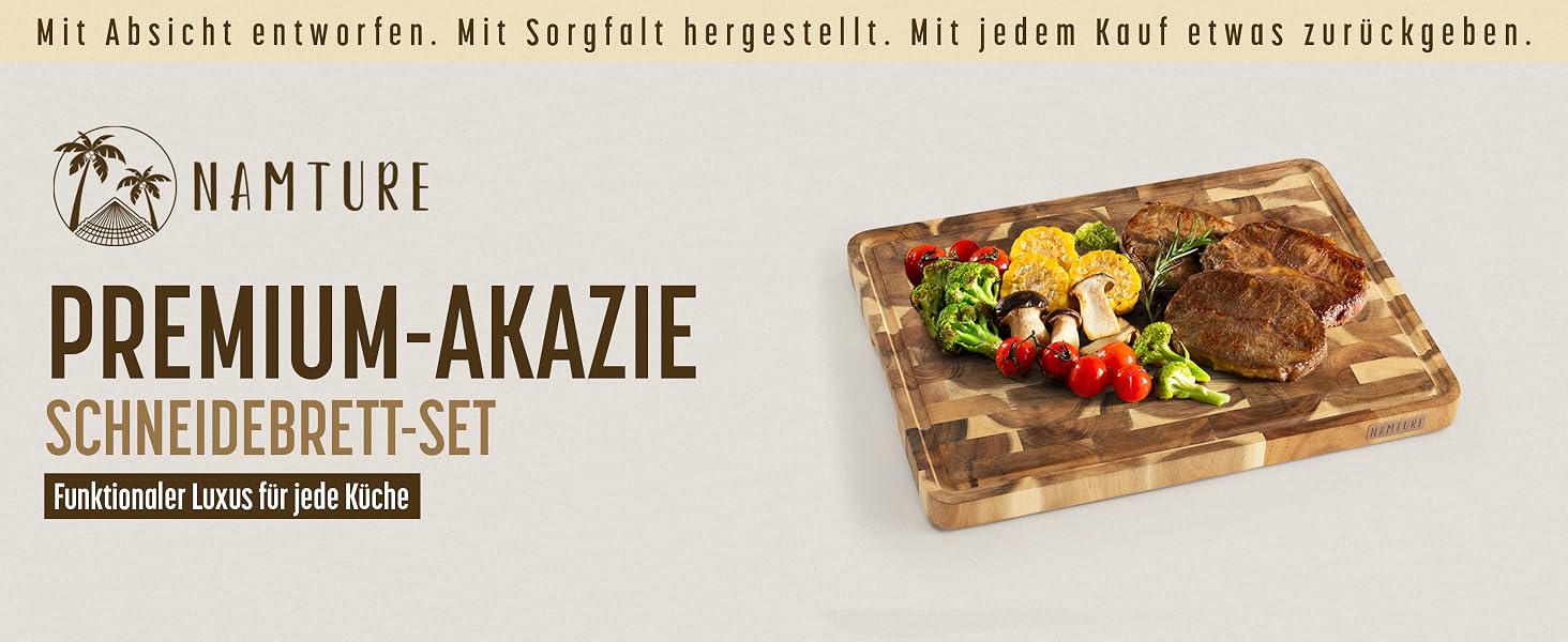 Набір дощок для нарізання з дерева акації (3 шт.), товщина 2.5 см, з жолобом для соку, протиковзкими ніжками та підставкою, преміум-якість, подарункова упаковка (40x30, 33x24, 28x18 см)