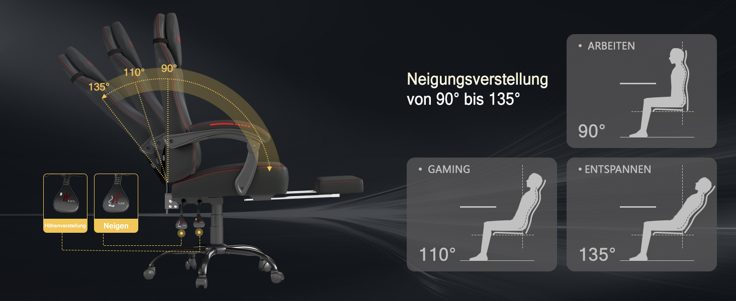 Ігровий стілець Ergonormic з регульованою спинкою та поворотом 360° - офісний стілець для дорослих/підлітків до 150 кг, тканинний червоний для дому/ігор