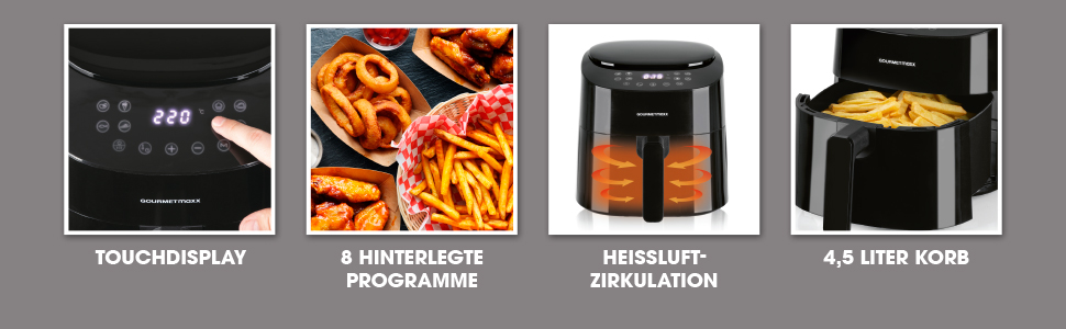 Gourmetmaxx Air Fryer - 4.5L Digital Air Fryer with Timer & Touchscreen - 9 Functions, 8 Programs, Energy-Saving, Black Mini Oven