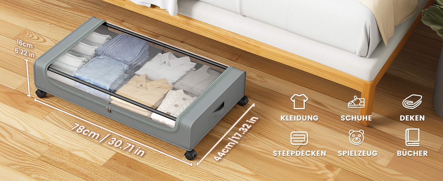 Коробки для зберігання під ліжко PHINOX з роликами, сірі, 2 шт (74x42x16 см) - коробки-органайзери для одягу, взуття, іграшок з прозорою кришкою