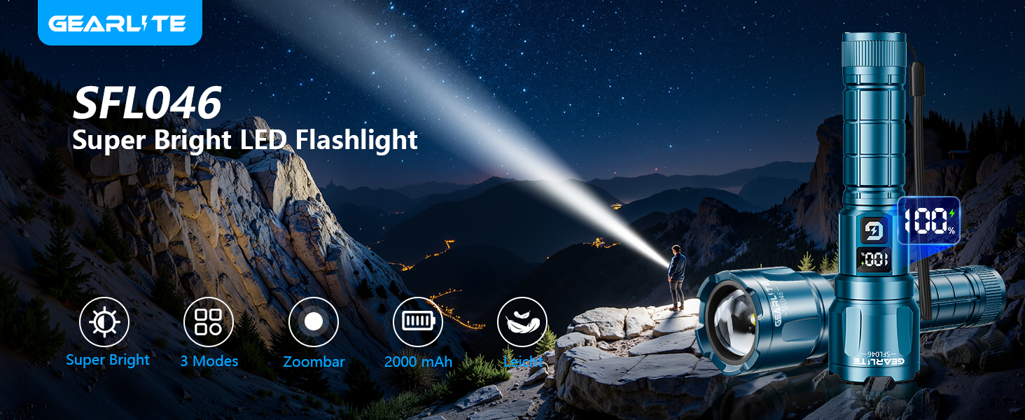 LED ліхтарик Gearlite з підзарядкою, 6000 люмен, тактичний, з регулюванням фокусу, 3 режими, водонепроникний IP65, для кемпінгу, риболовлі, надзвичайних ситуацій, походів (блакитний, 1 шт.)