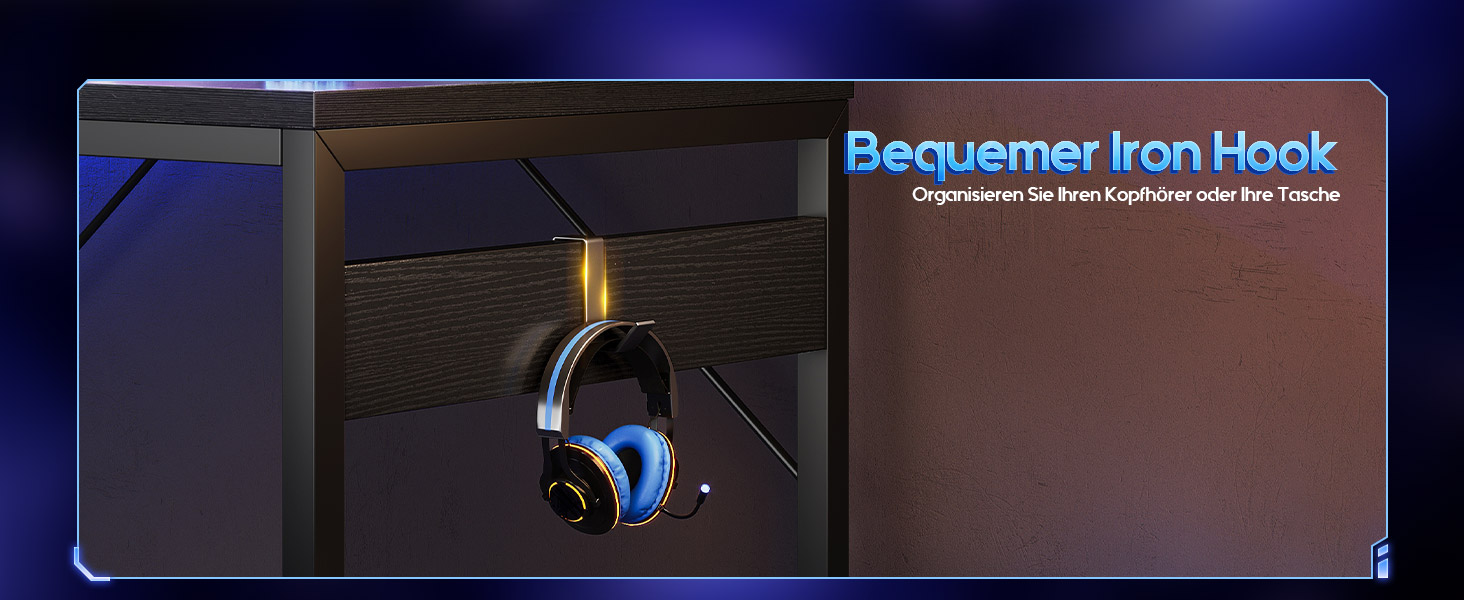 Ігровий стіл Coleshome з LED підсвічуванням, 130 x 100 см. Реверсивний стіл з шухлядами та розетками, кутовий стіл з полицею та місцем для зберігання, чорний