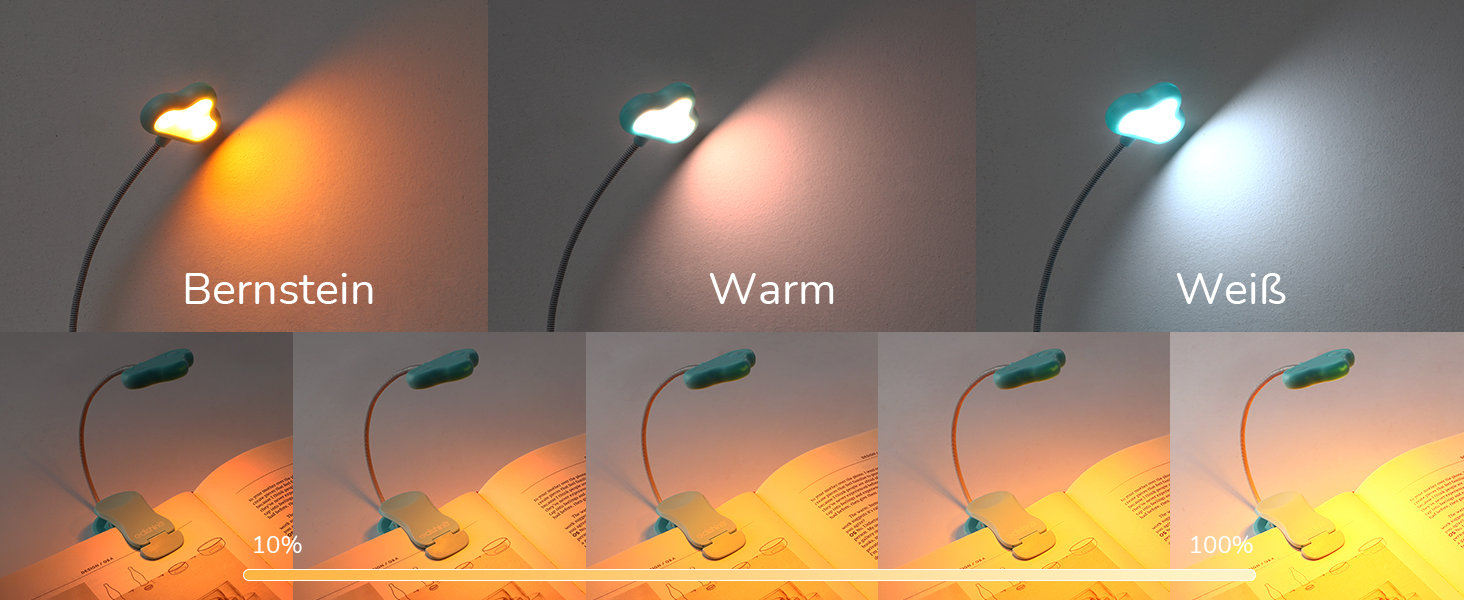 EDISHINE Кліпса-лампа для читання, USB перезарядна, LED лампа для книг, 3 режими кольору, регулювання яскравості, подарунок для дітей, любителів читання (блакитна)