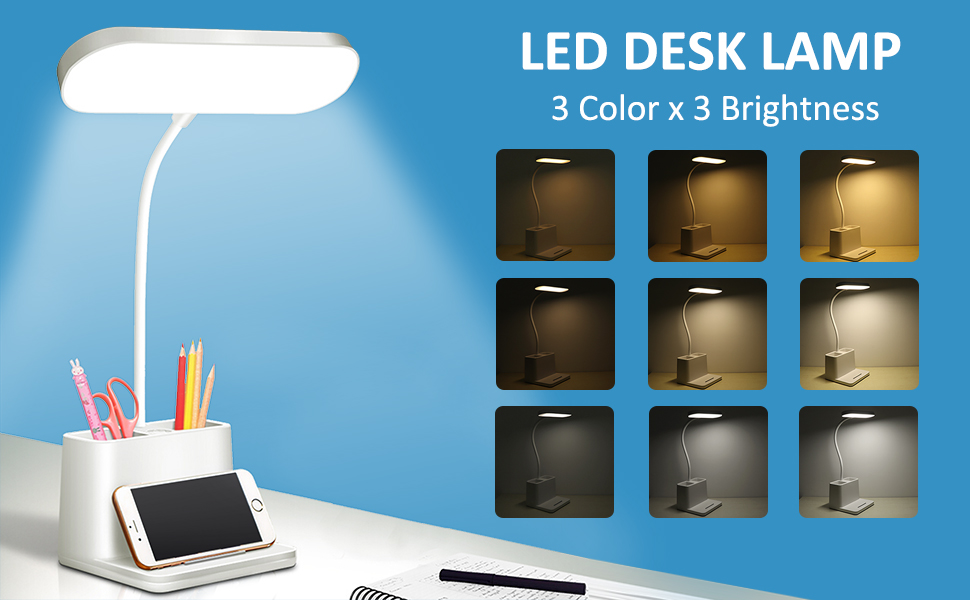 LED настільна лампа з регулюванням яскравості, 3 кольори та 3 рівні освітлення, 5W USB перезарядна лампа зі стійкою для ручок та тримачем для телефону, дитяча лампа з сенсорним керуванням для читання та навчання