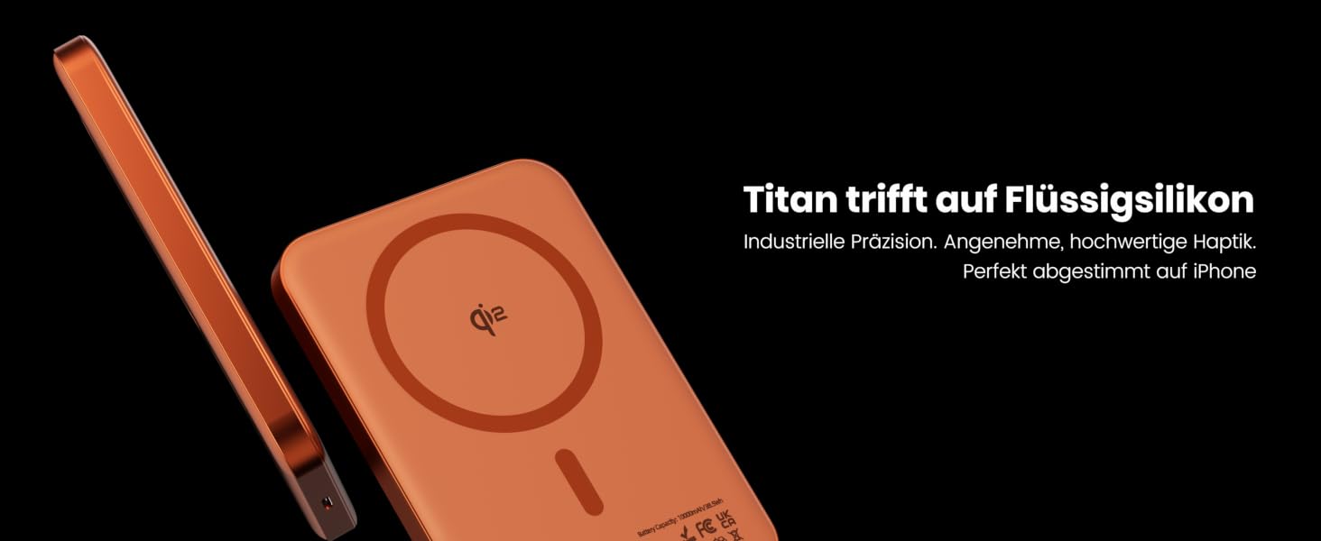 Power Bank 10000 mAh з магнітом, ультратонкий титановий корпус (14 мм), PD 20W, бездротова зарядка USB-C для iPhone 15/16/17 та Apple Watch (Оранжевий)