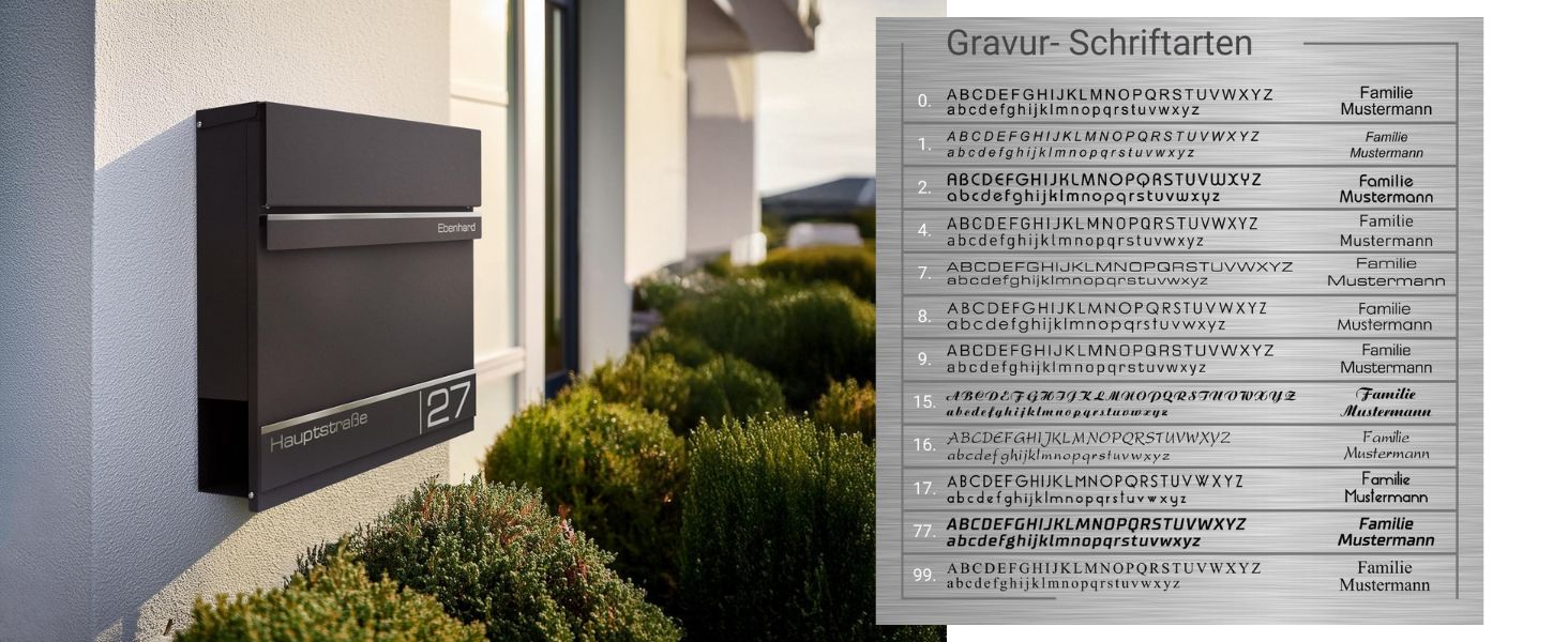 Поштова скринька Metzler Anthrazit RAL 7016 з газетницею та номерним знаком - персоналізована лазерним гравіюванням | Сучасна водонепроникна та стійка до іржі поштова скринька Hermann (Db703)