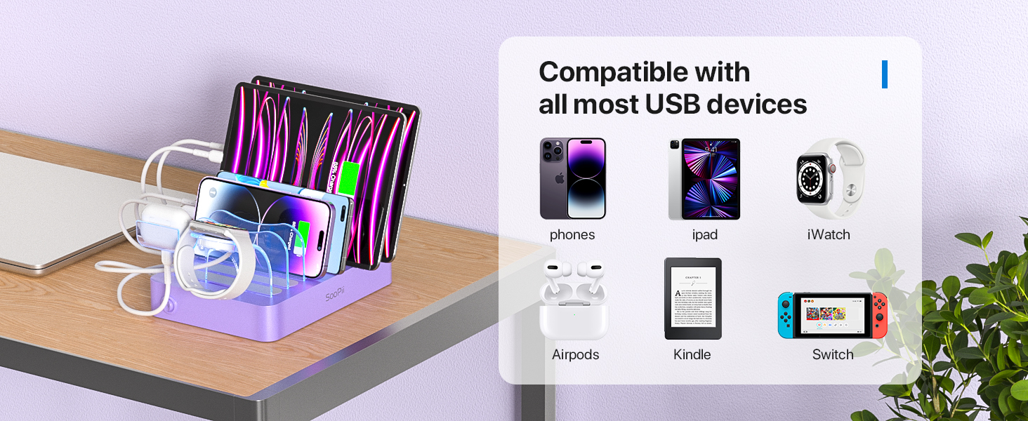 Зарядна станція SooPii USB з органайзером на 6 портів 50W, біла. В комплекті 6 кабелів та тримач для iWatch