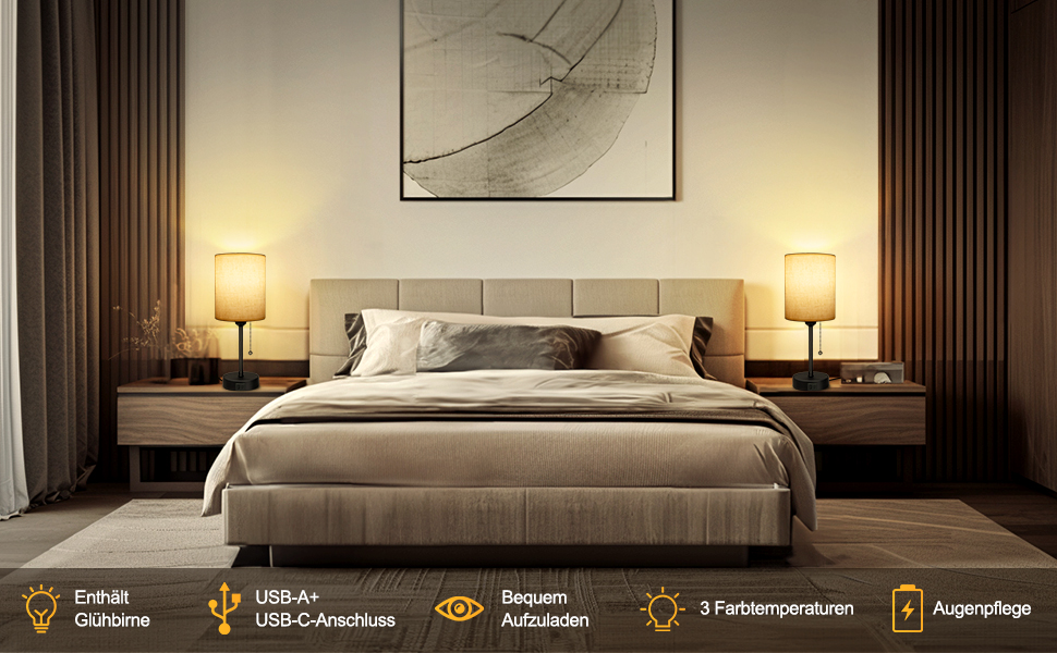 Настільна лампа 2 шт. з USB зарядкою (A+C), LED, тканинний абажур, регулювання кольору, для спальні, вітальні, дитячої, офісу