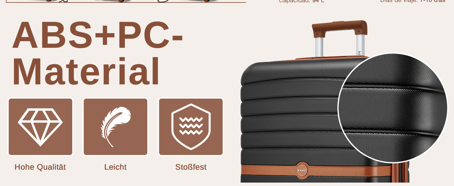 Чемодан KONO: валіза-тележка ручної поклажі 55x40x20 см (ABS+PC, з подвійними колесами, кодовий замок)