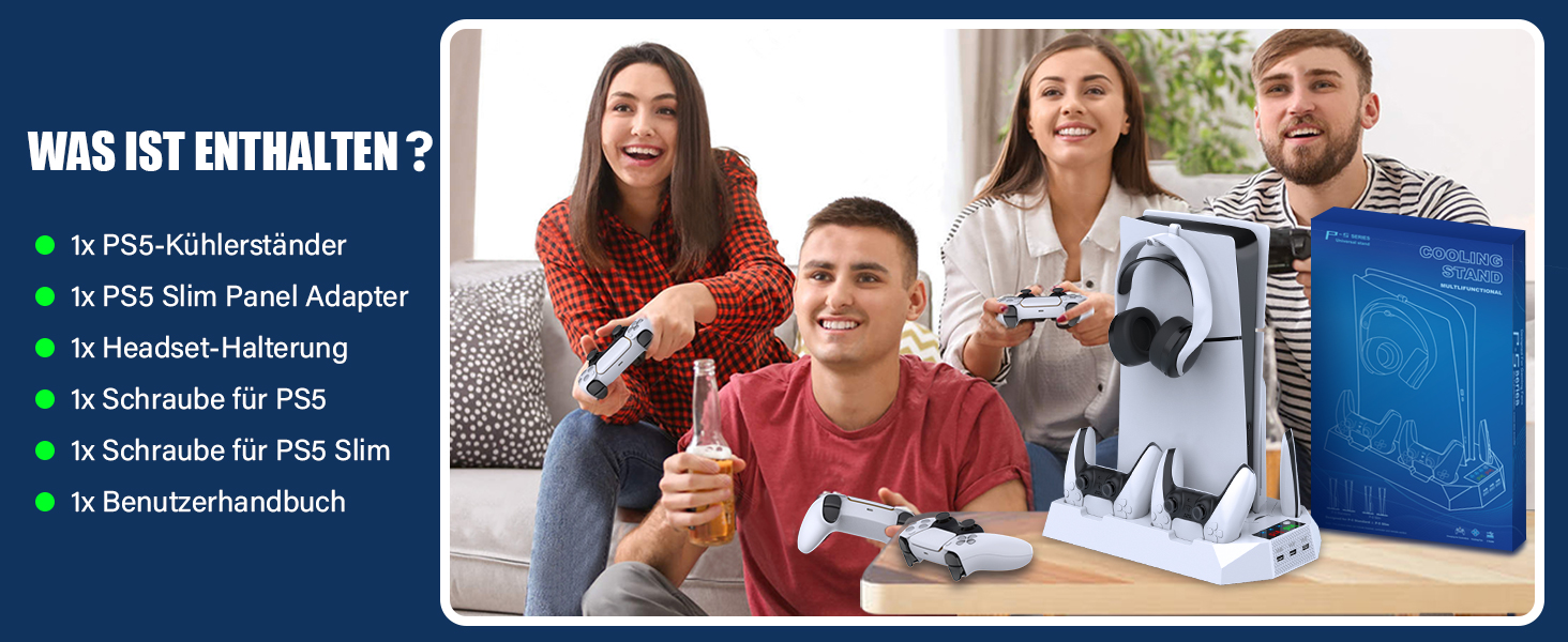 Підставка для PS5 Slim/Pro з зарядною станцією для контролера, RGB-підсвічуванням, вентилятором, тримачем для навушників та USB-хабом, чорно-біла (біла Q211)