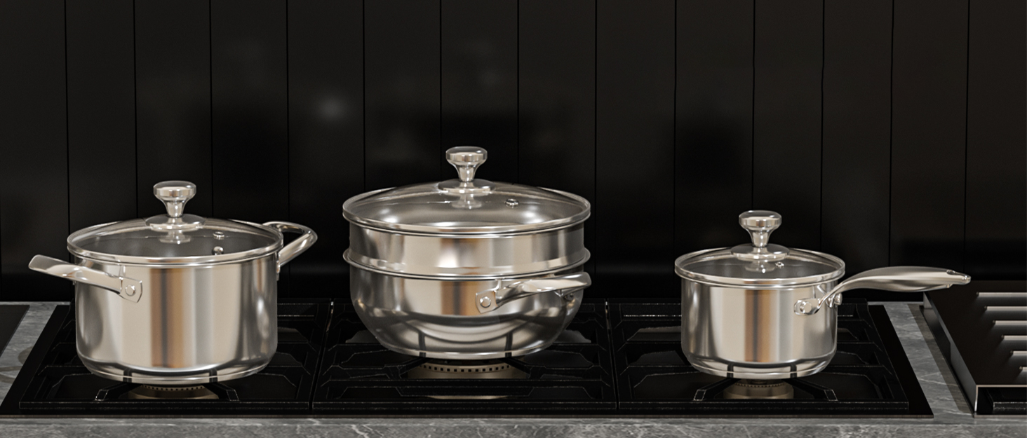 Набір каструль Induktion 12-частинний з нержавіючої сталі з тришасим дном, включає пароварку, 3 захисні диски для сковорідок та кухонне приладдя, безпечний у духовці до 250°C та придатний для миття в посудомийній машині, для всіх типів плит