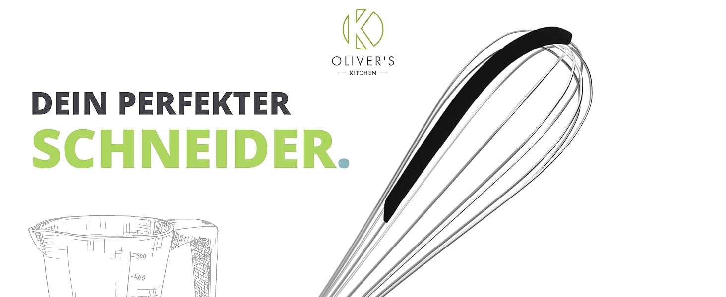 Віскер Oliver's Kitchen® з нержавіючої сталі з інтегрованим силіконовим скребком - ідеальний для випічки та приготування їжі. Спіральний віскер, зручна ручка, легко миється.