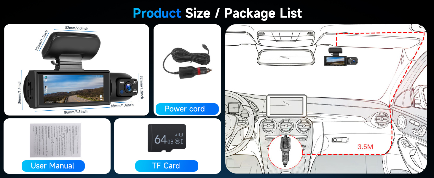 Автокамера Hodozzy з двома об'єктивами, FHD 1080P, IPS 3.16
