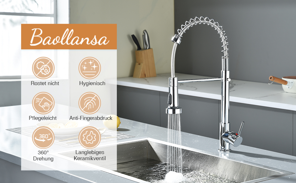 Змішувач кухонний з висувною лійкою, 360° поворот, 2 режими, нержавіюча сталь, хром