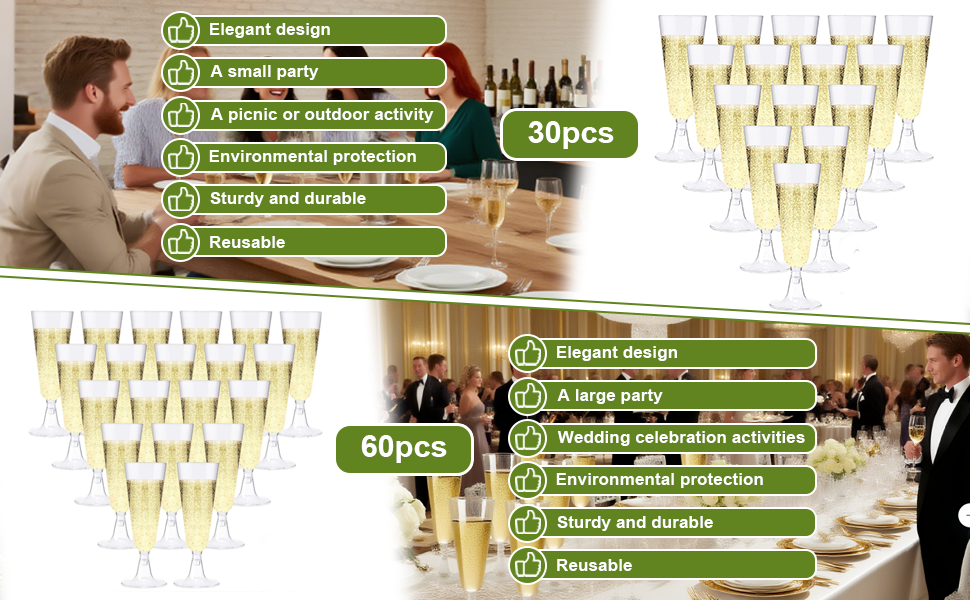 Сектанські келихи з пластику, 60 шт. - Прозорі келихи для шампанського, 160 мл. Ідеальні для вечірок та свят