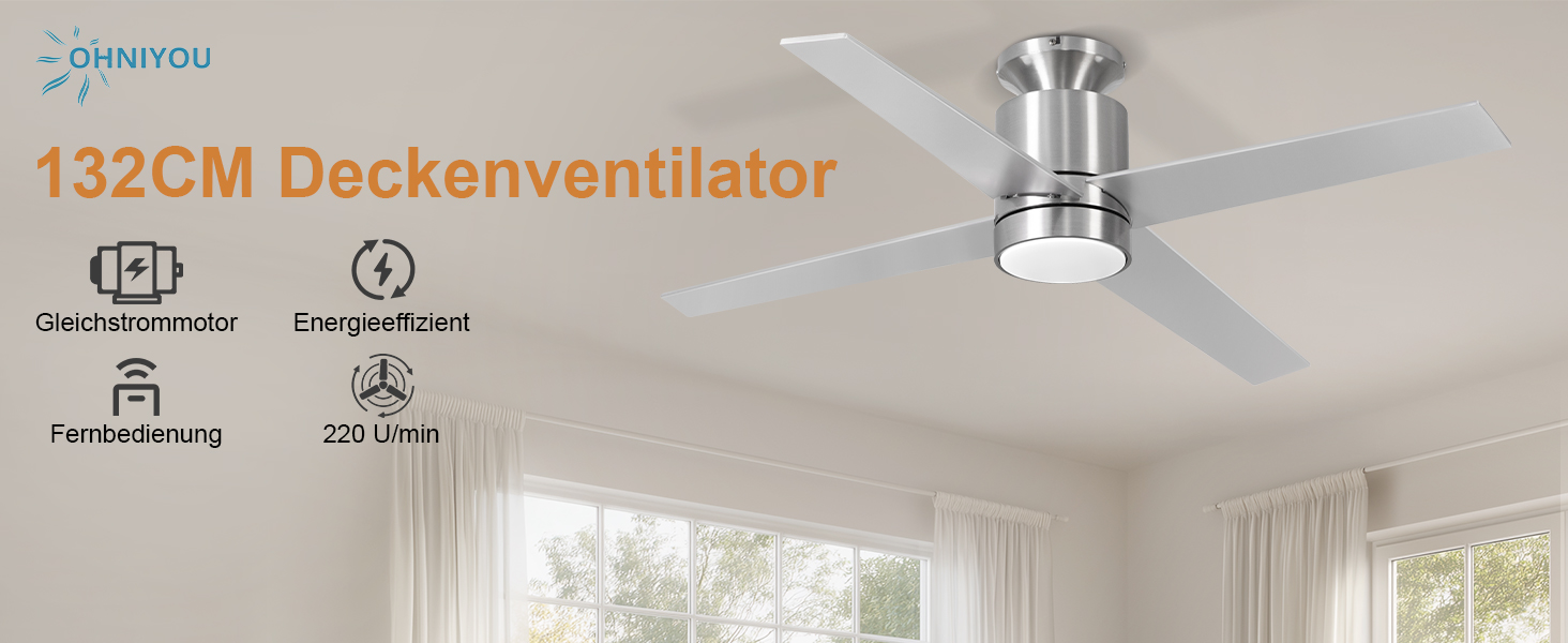 Стеляний вентилятор Ohniyou з підсвічуванням та пультом керування – 96,5 см (38 дюймів). Тихий, димування, для спальні, тераси, внутрішнього/зовнішнього використання (нікель, сучасний)