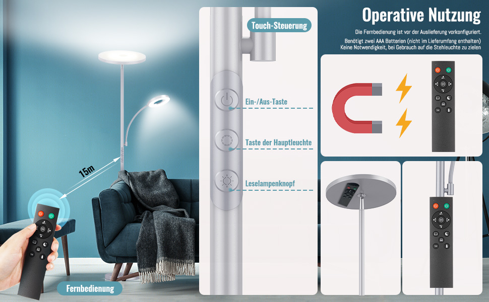 Стелярська лампа для вітальні з LED-підсвічуванням 4200LM, регулювання яскравості, пульт дистанційного керування, сенсорне керування, сучасний дизайн (42W, сірий)