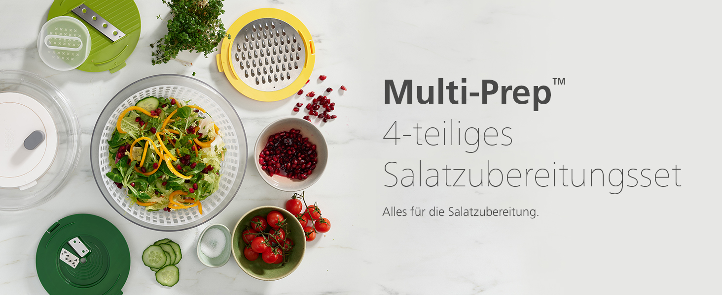 Joseph Joseph Multi-Prep – набір для приготування салату 4-в-1, салатниця з центрифугою, спіральний ніж, терка та шаткувальна насадка, компактне зберігання, мультиколор