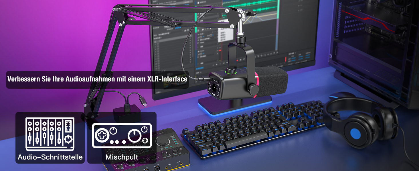 Мікрофон ZealSound XLR/USB для подкастів з RGB підсвічуванням та регулятором гучності | Для студії, стрімінгу, YouTube, геймінгу | Сумісний з PC, Mac, PS4-5, мікшером KD8S