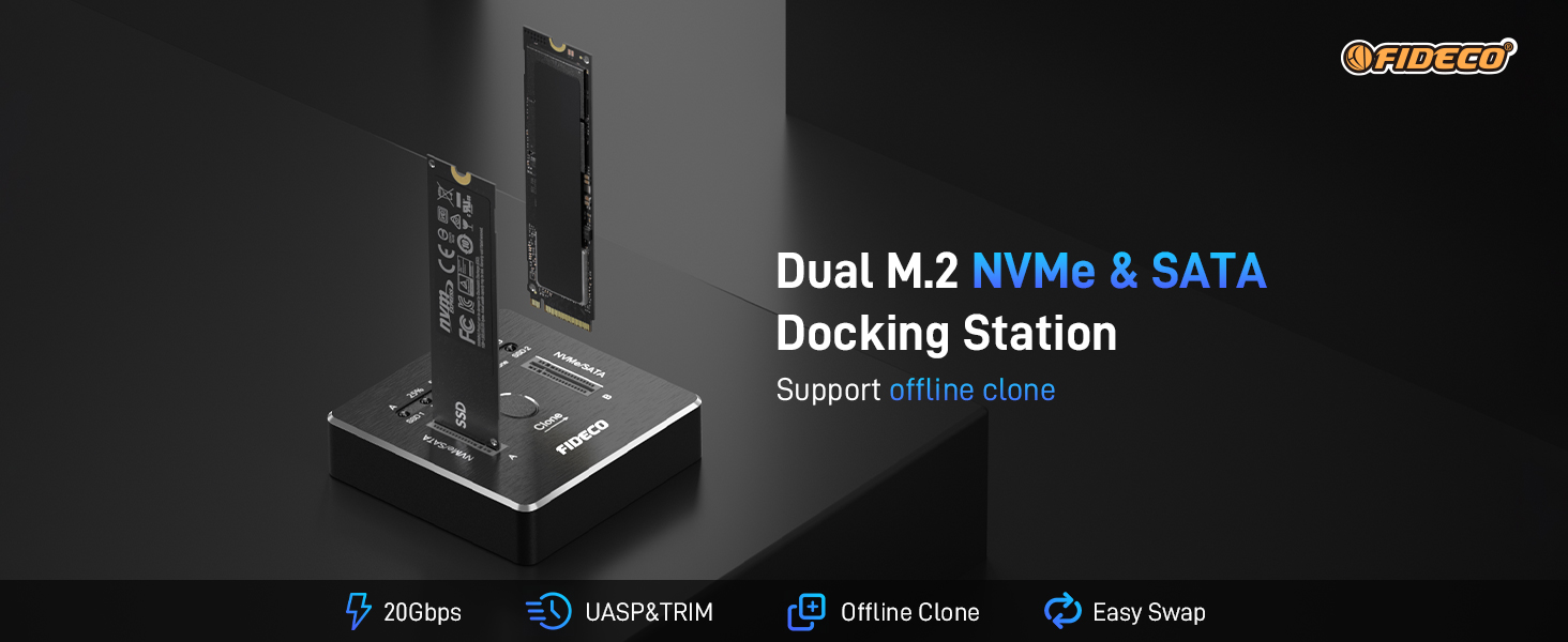 Док-станція для SSD FIDECO M.2 NVMe SATA, USB 3.2 Gen 2 (20Gbps), алюмінієвий корпус, підтримка клонування, UASP, TRIM