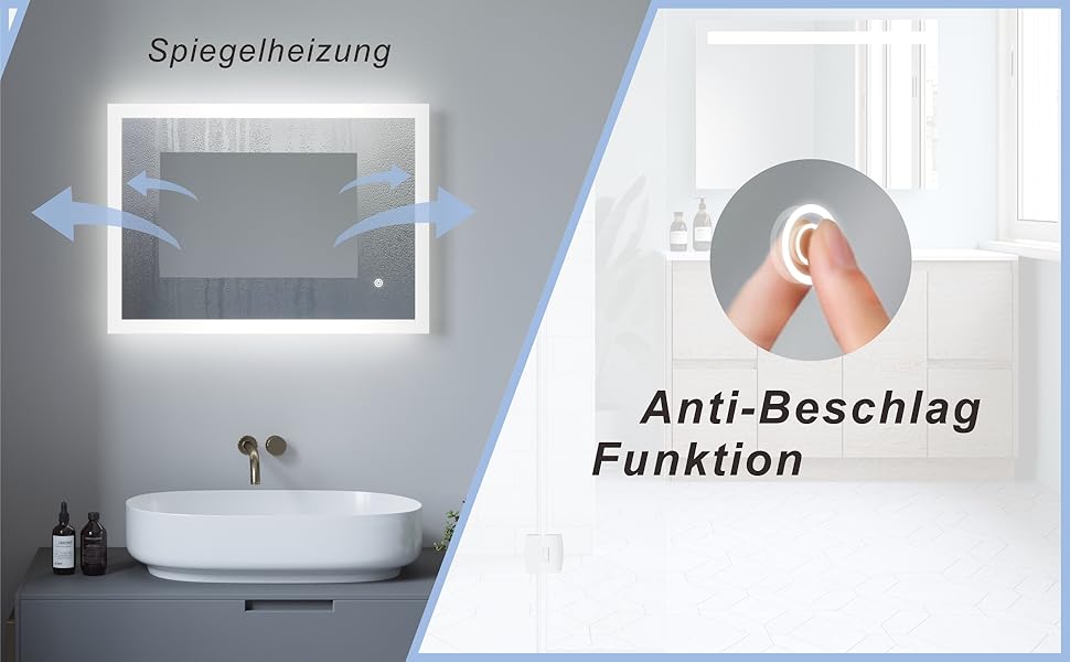 Дзеркало для ванної кімнати AQUABATOS 50x70 см LED з підсвічуванням, сенсорне керування, холодний білий світ, IP44, CE, енергозберігаюче (Bourges-серія)