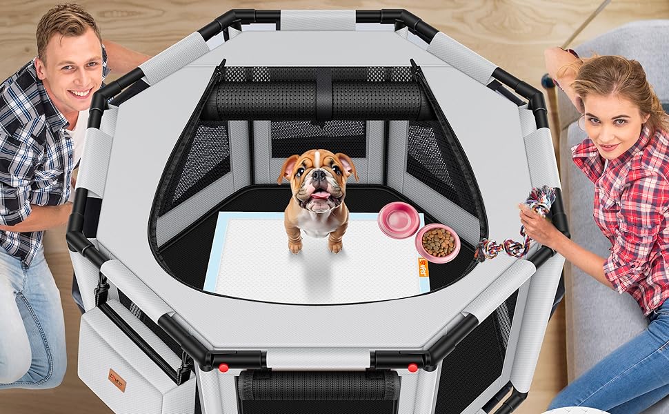 LOVPET® Indoor/Outdoor Dog Playpen - Puppy Pen, Dog Cage with Oxford Fabric, Small Animal Enclosure, Cat Run - Includes Toys & Pads, 72x72x43cm, Anthracite Gray