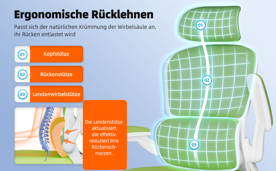 Ергономічне крісло для офісу з регульованою підголівником, підтримкою попереку та відкидними підлокітниками, крісло для начальника, 150 кг, функція гойдання до 135° (Зелений, Модель 2)