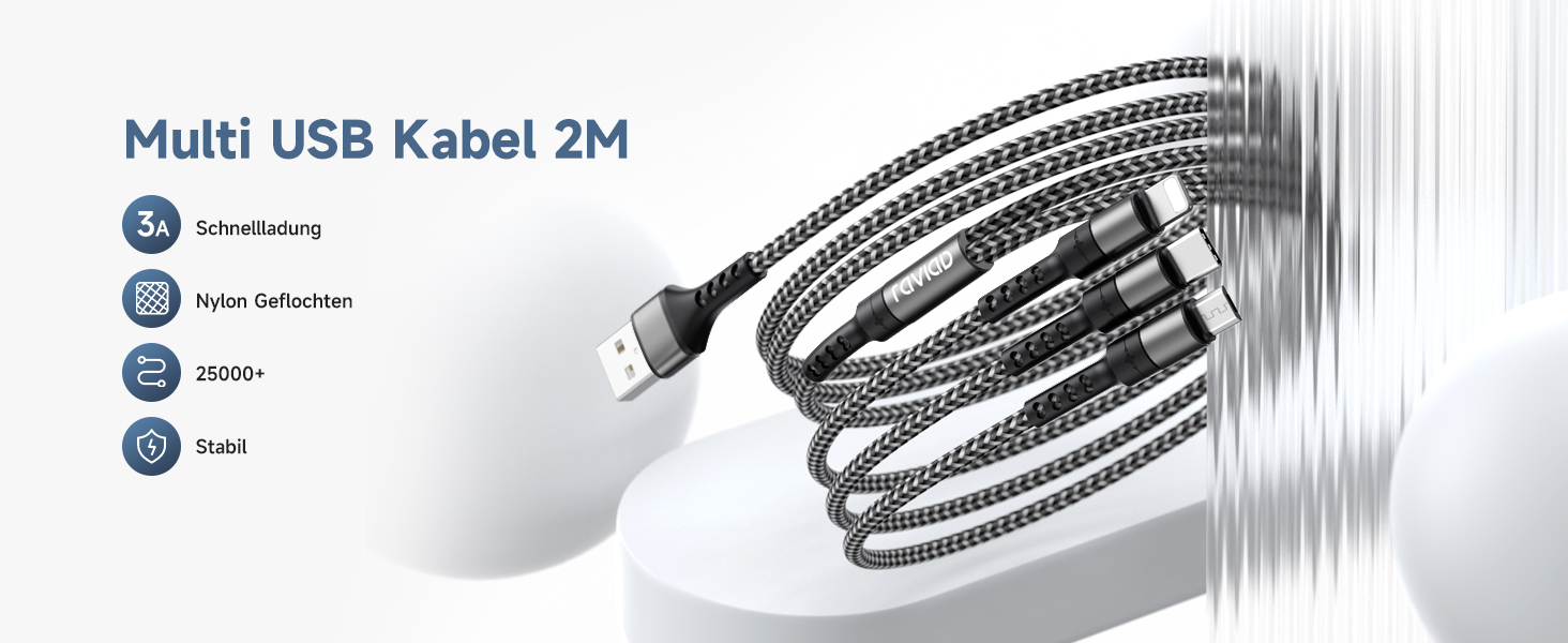 Мульти USB кабель RAVIAD 3 в 1 (2 шт x 2м) для iPhone, Samsung, Huawei та інших – сірий