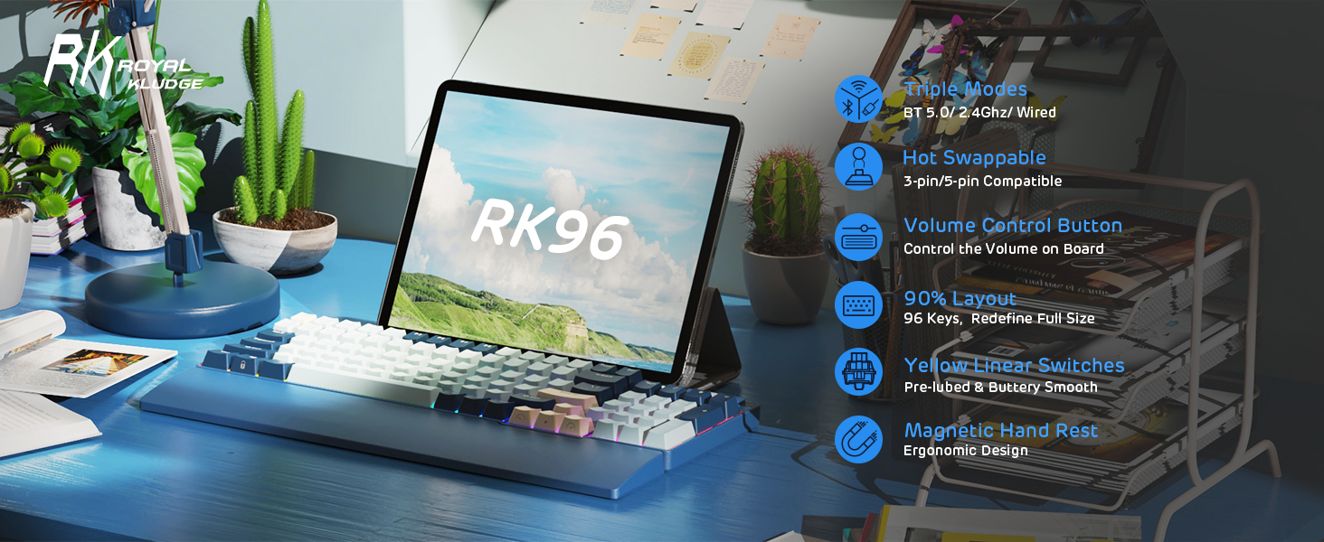 Механічна клавіатура RK ROYAL KLUDGE RK96 RGB Limited Ed: 96 клавіш, 90% layout, Bluetooth 5.0/2.4G/USB-C, Hot-Swap, RGB підсвітка, RK Yellow Switch, Wald Blau, QWERTY