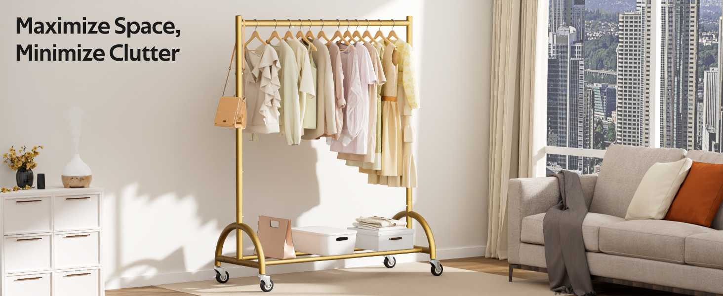 Міцний вішак для одягу на коліщатках MISSLO для спальні, металевий, золотий - мобільна вішалка для одягу, пальто