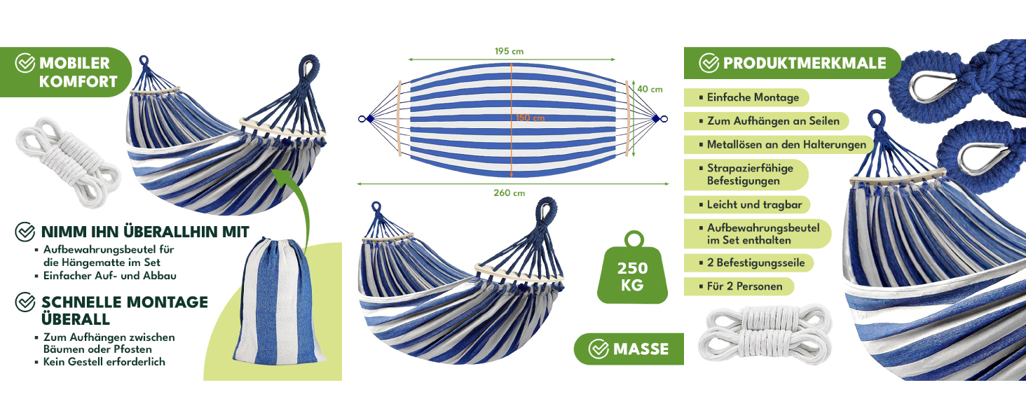 Гамак KRUMAD 260 см, до 250 кг, вологостійкий, бавовна-поліестер, для саду, балкону, кемпінгу, з дерев'яними розпірками та сумкою (блакитно-білий, без каркасу)