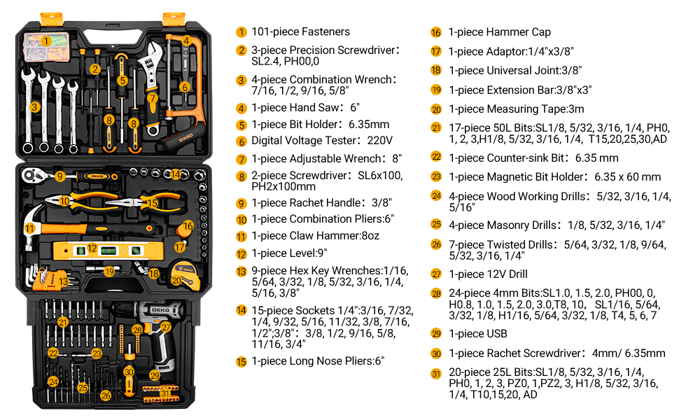 Акумуляторний дриль-шуруповерт DEKO 12V: набір інструментів 238 шт. з кейсом. Електричний дриль для дому, рукоділля та дрібного ремонту. Жовтий.