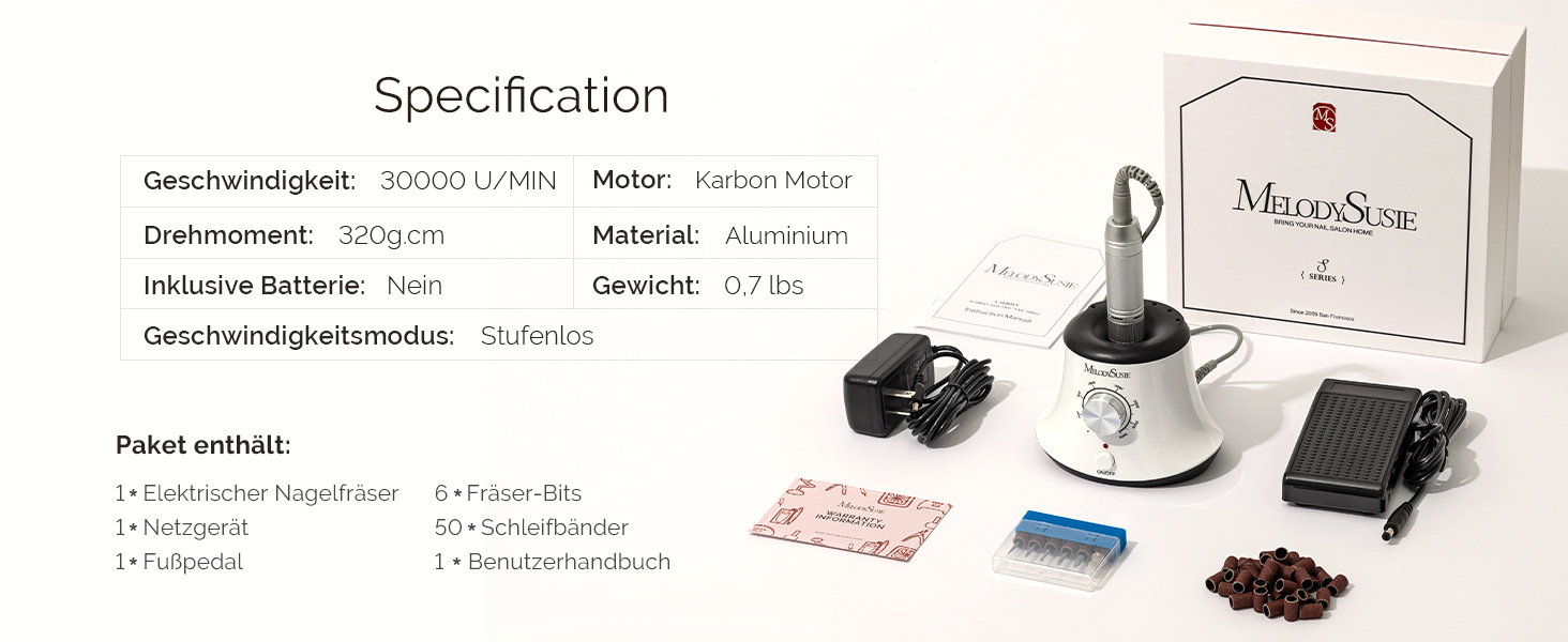 Електричний фрезер для нігтів MelodySusie 30000 об/хв: професійний набір для манікюру та педикюру з педалем, для гелю та акрилу, білий