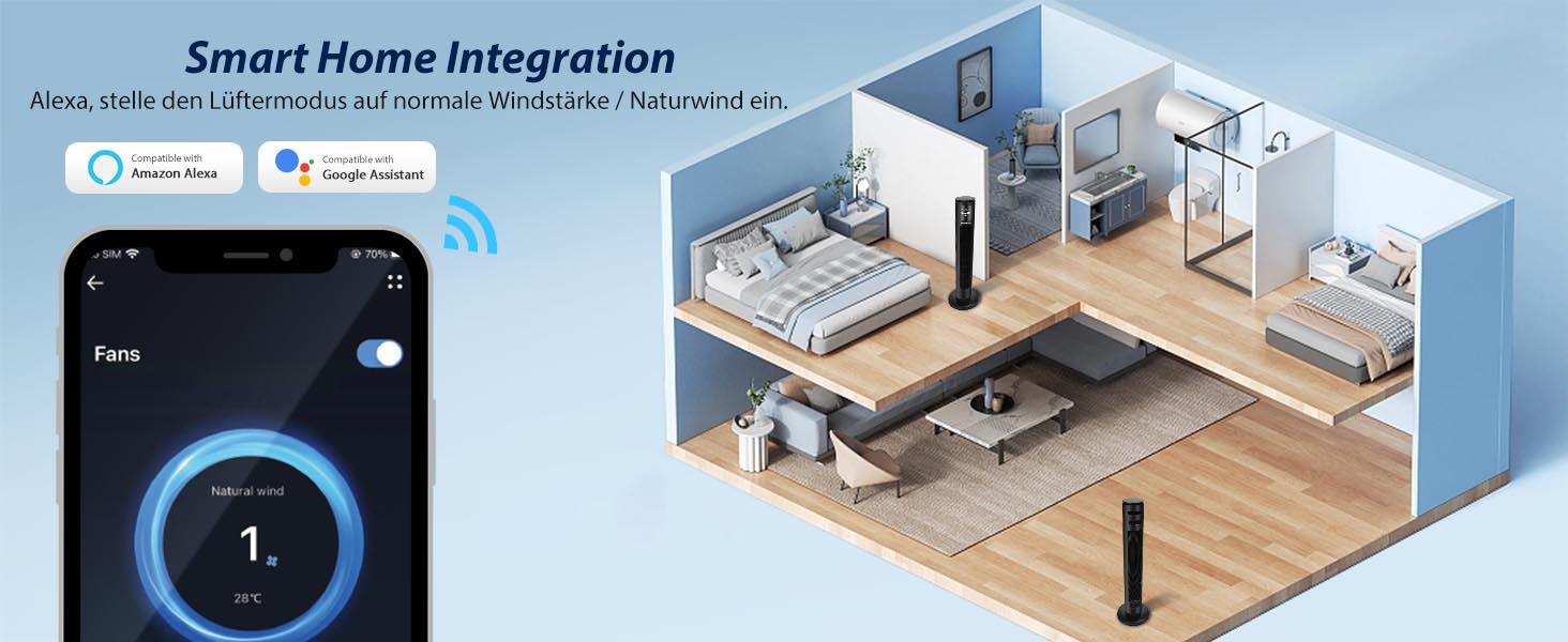 Вентилятор вежний Smart Aigostar 97 см з Wi-Fi, пультом, таймером 24 год, LED-дисплеєм та керуванням Alexa – 2 шт.