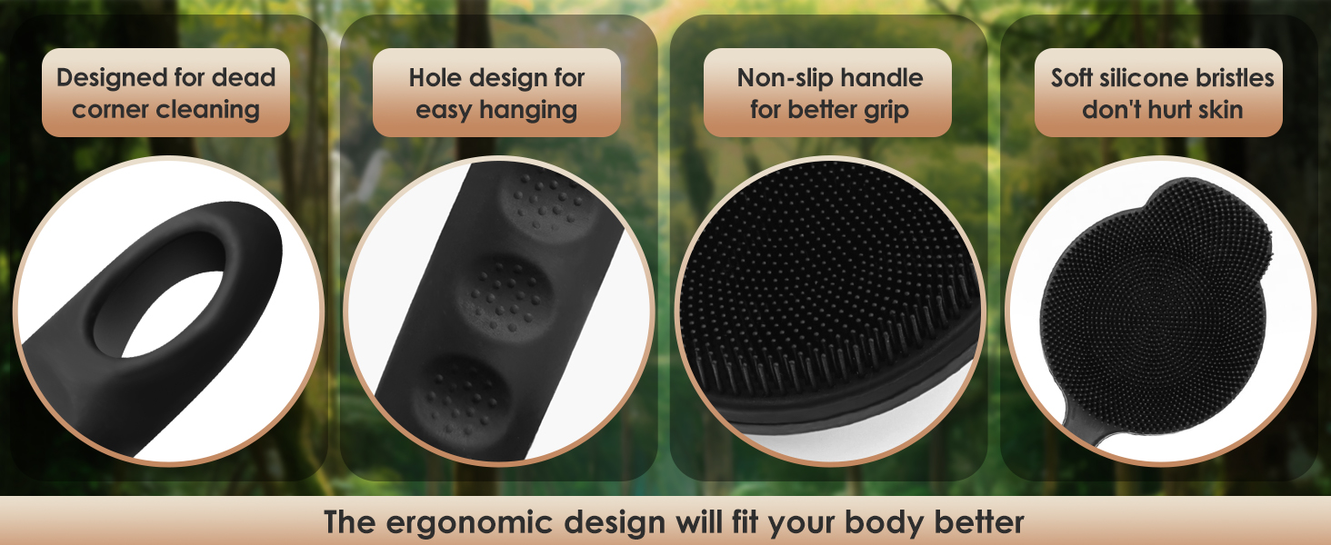 Силіконовий скребок для тіла під душ з довгим ручним держаком, двосторонній скребок для душу для пілінгу та масажу, створює багату піну, скребок для спини з довгим ручним держаком для чоловіків (Carbon Black)