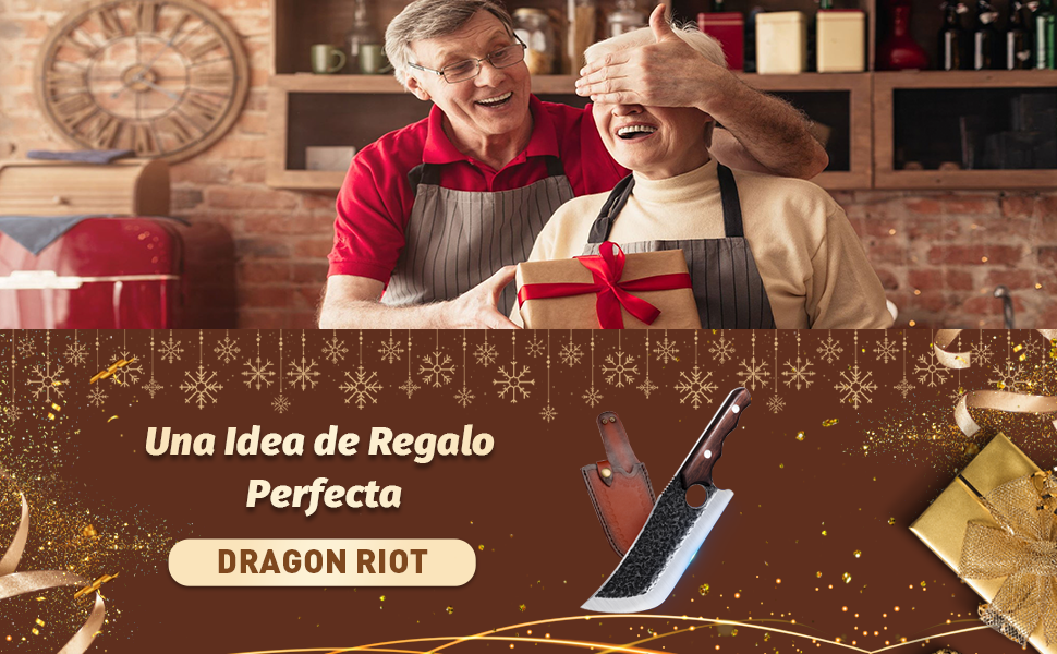 DRAGON RIOT Гострий японський кухонний тесак, ручне кування, професійний м’ясний ніж з чохлом із шкіри для кухні, полювання та подарунків