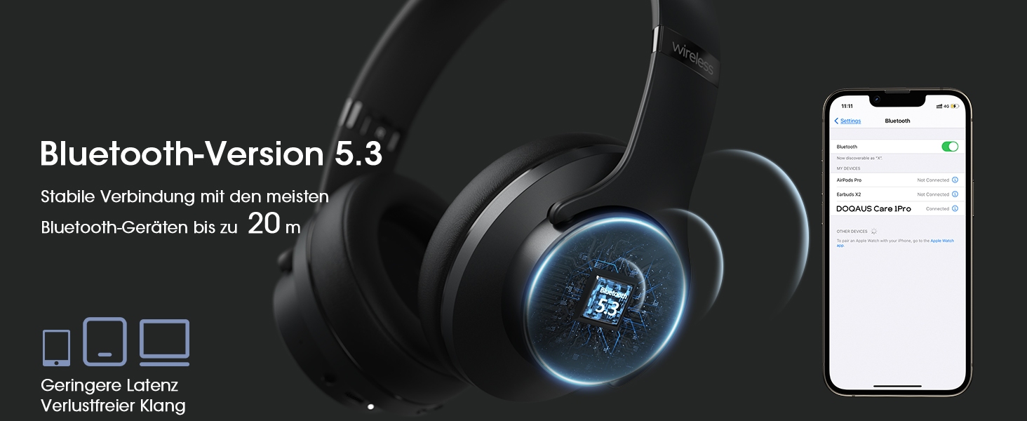 DOQAUS Bluetooth навушники Over-Ear, 90 годин роботи, Bluetooth 5.3, бездротові навушники з мікрофоном, HiFi стерео звук, глибокий бас, для телефону, подорожей, чорний