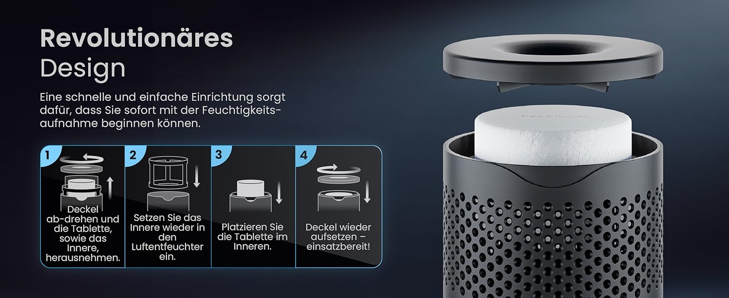 Зволожувач повітря Pro Breeze Osmo – тихий, з можливістю поповнення – для дому, спальні, шафи, авто – міні-зволожувач без живлення – таблетка 700g (до 100 днів) чорний